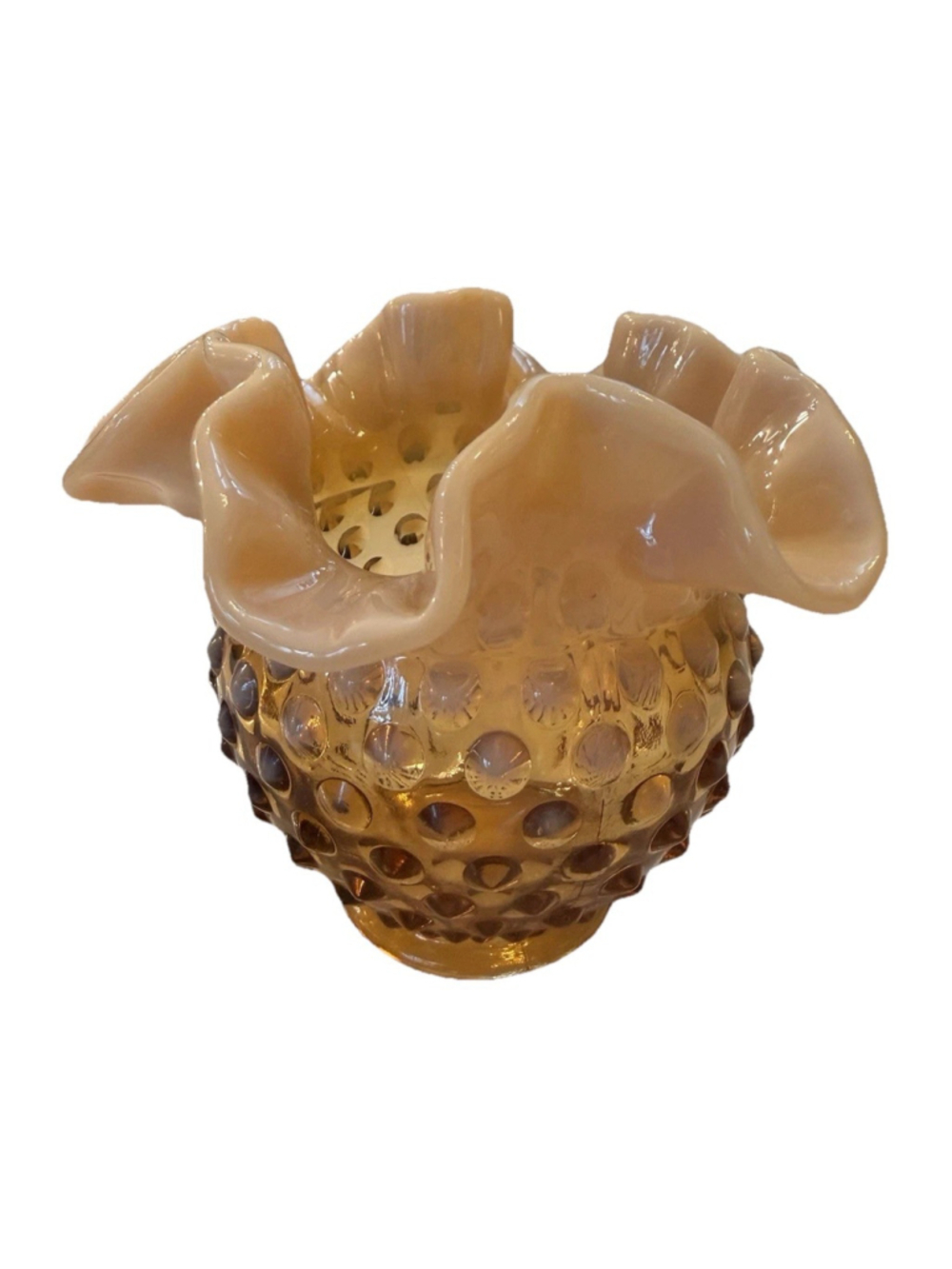 Vintage Fenton Cameo Opalescent Hobnail Rose Bowl Vase Ruffled Rim Signed 1970s